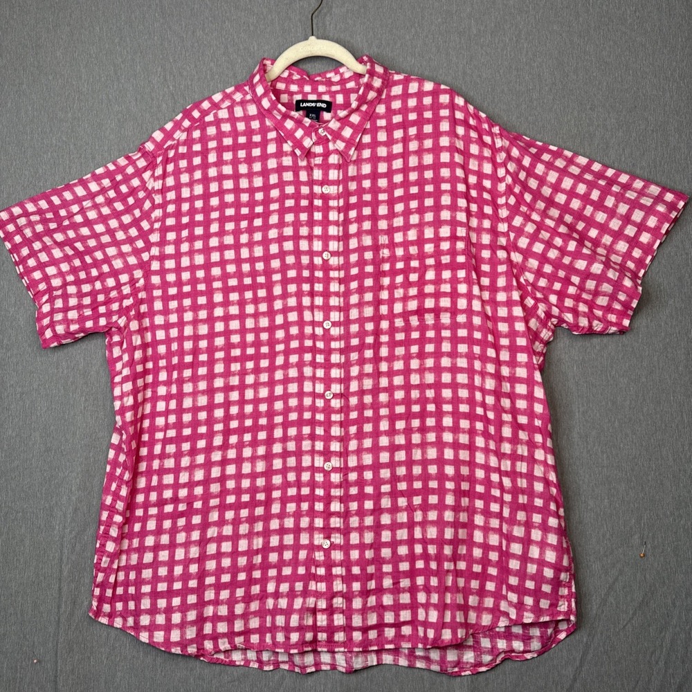 Lands End Blouse Pink White Linen Short Sleeve Shirt XXL (50-52) Button Up Women